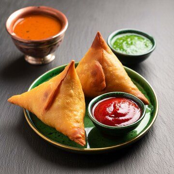 A crispy samosa served with chutneys, representing a blog about a variety of comfort foods from traditional snacks to pizza slices.