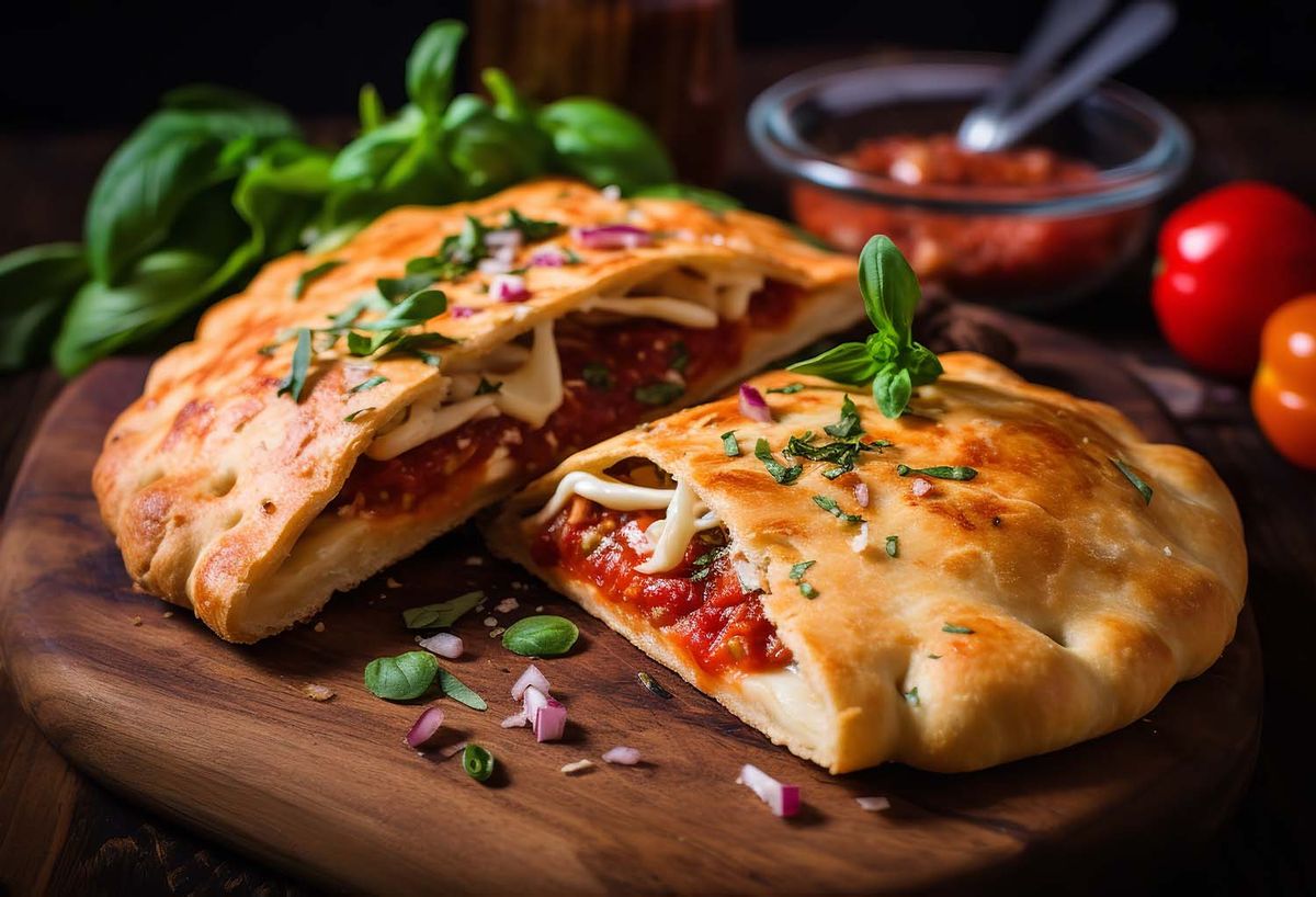 A freshly baked calzone cut open to reveal savory filling, illustrating a blog about authentic halal calzones with Indian-inspired flavors.